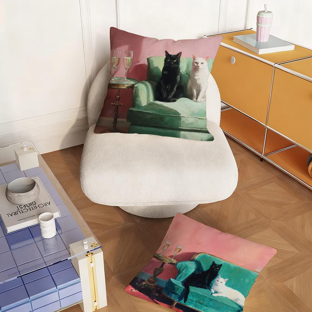 Black and White Cats with Champagne Art Pillow Case Bedroom Sofa Living Room Backrest Decoration Square Cushion Nap Time
