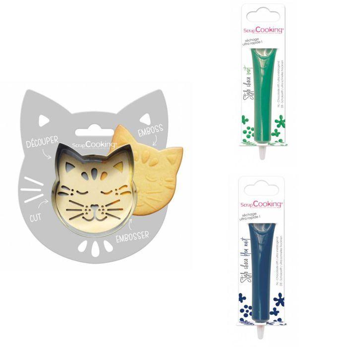 Cat Embossed Biscuit Kit + 2 Green and Midnight Blue Chocolate Pens