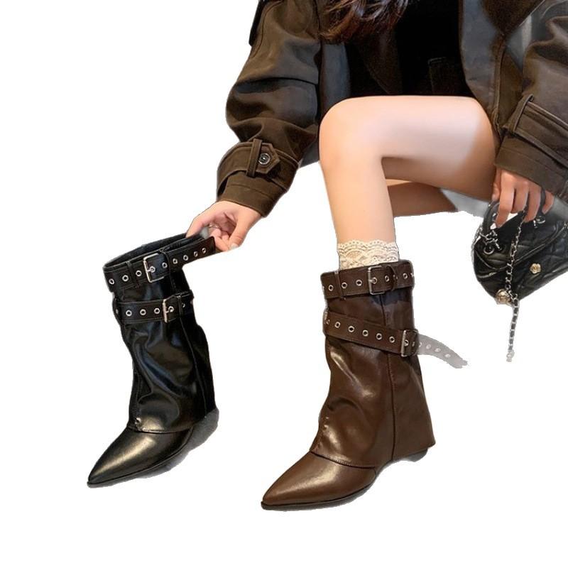 New American Spice Girl Rivet Pant Leg Height Increase Pointed Short Boots Autumn and Winter New Western Cowboy Boots Black