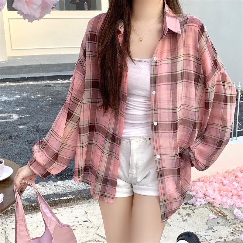 

Women s Summer 2025 Plaid Shirt Jacket - Lazy Style, Sun Protection Top One Size