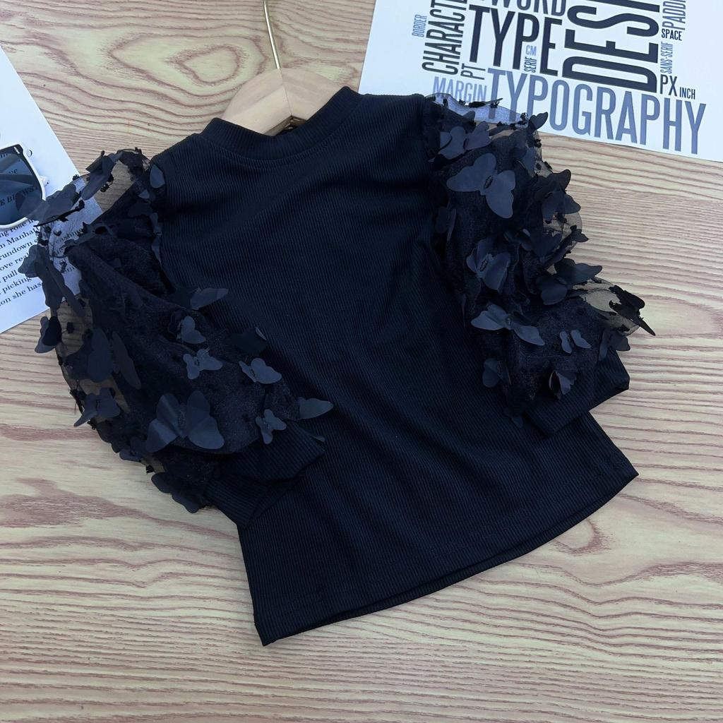2025 Spring/Autumn Stylish Korean Bubble Sleeve Long-Sleeve T-Shirt for Girls