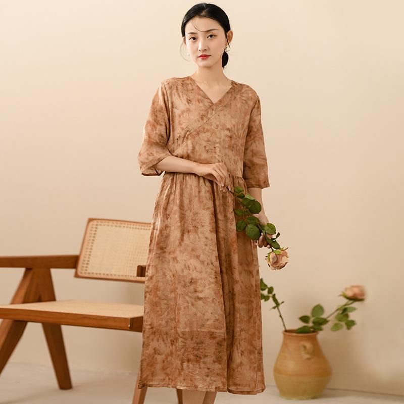 Johnature Women Vintage Print Floral Dress High Quality V-Neck Half Sleeve Robes Summer Women A-Line Dress