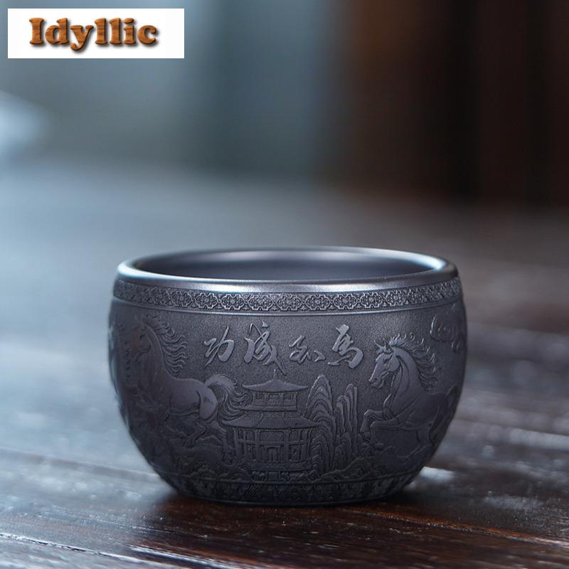 215ml Yixing Zisha Relief Horse Teacup Japanese Tea Bowl Cup For Tea Tea-tasting Fragrance Cup Chazhan Master Cups Drinkware