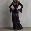 Rochie Maxi de Damă din Catifea cu Flori, Gât Înalt, Mâneci Evazate, Bordură din Dantelă, Rochie Lungă Vintage