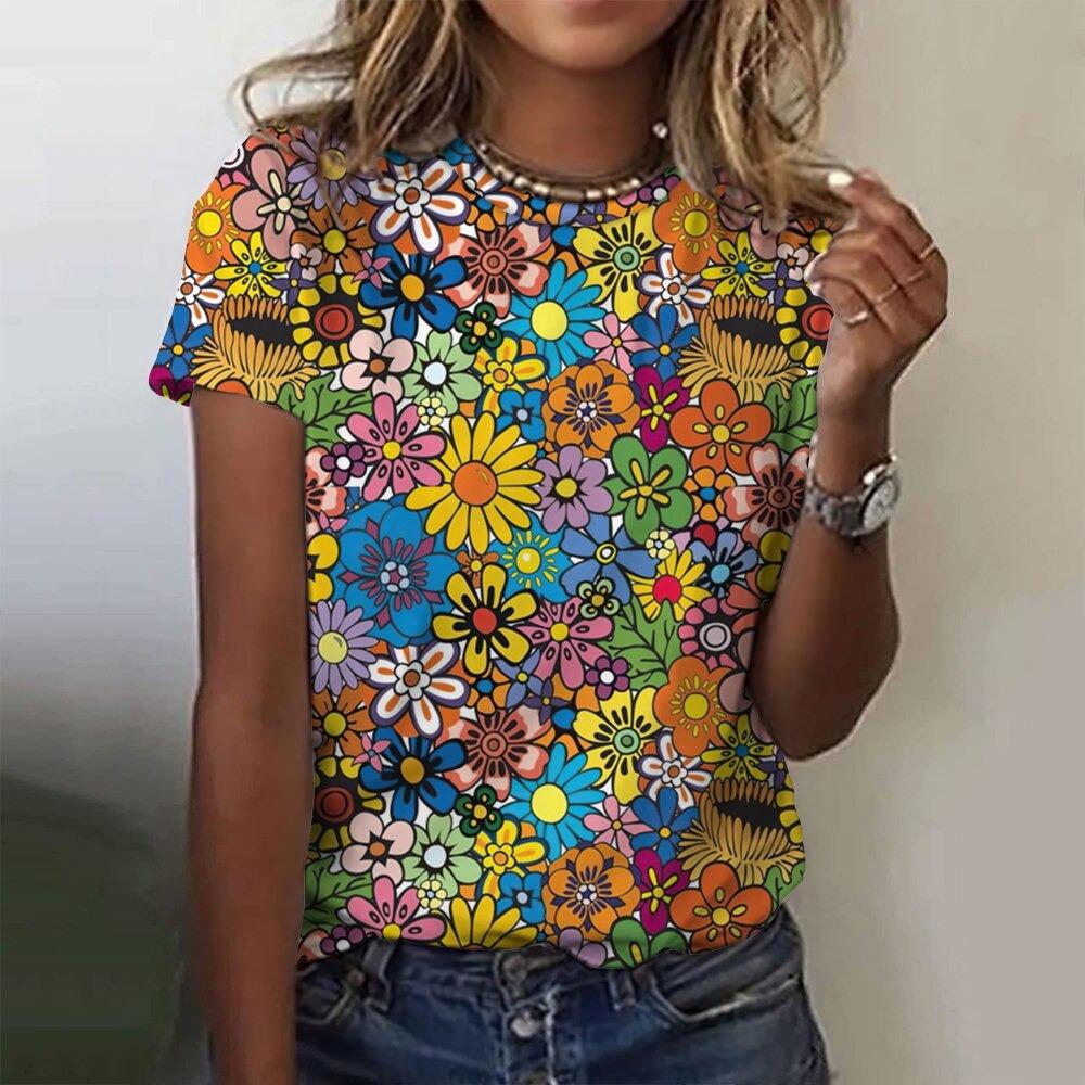 Camiseta de moda para mujer, ropa Harajuku con estampado floral, cuello redondo, jersey con estampado 3D, camisetas de manga corta, ropa urbana holgada de verano