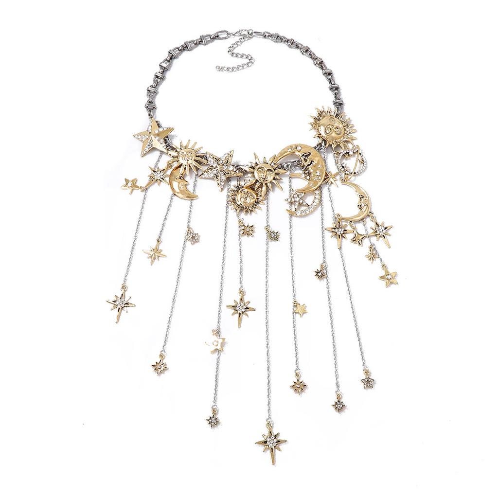 European and American Retro Exaggerated Alloy Inlaid Zircon Sun, Moon and Stars Multi-pendant Fringed Necklace Light Luxury High Sense