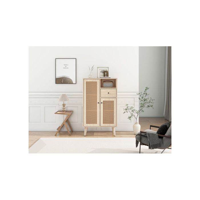 Buffet - MUVOE - 2 portes en rotin - 1 tiroir - Bois massif - 60x40x101cm