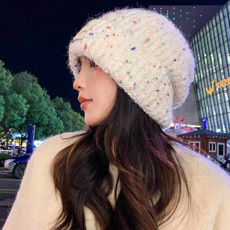 Color dot wool hat women's autumn and winter warm versatile ear protection plain face small knitted hat