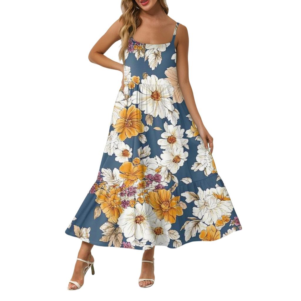Women's Long Beach Casual Elegant Spaghetti Strap Maxi Dress Stitching Low-key Flowing Bohemian Dress