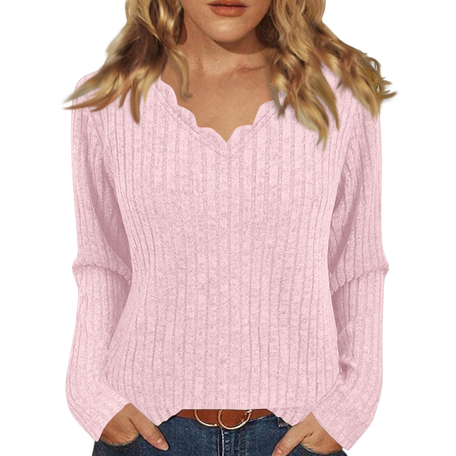

Футболки с длинным рукавом, футболки с V-образным вырезом для женщин, модные топы, легкая мягкая повседневная рубашка M розовый