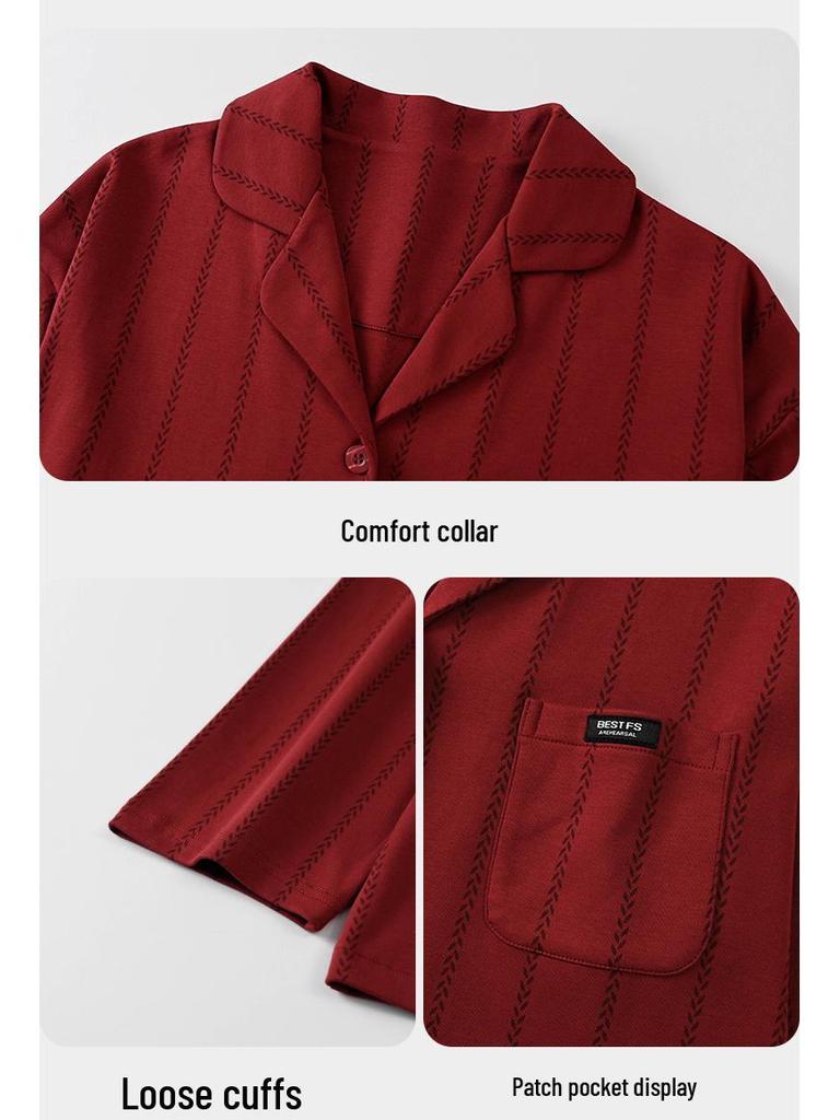 Red Year of the Rat Cardigan Pajamas Set - Tencel Cotton, Long Sleeve, for Couples, Spring/Autumn