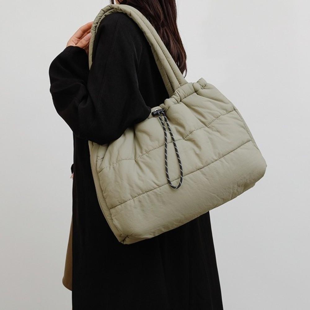 Versatile Puffy Quilted Tote Bag Down Large Capacity Underarm Bags Drawstring Shoulder Bag Casual