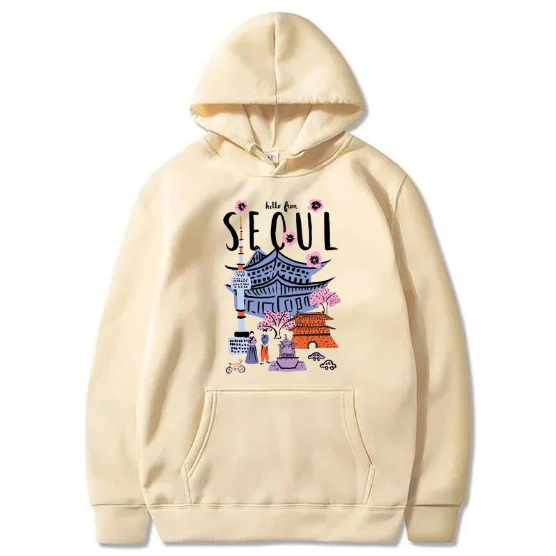 Seoul Beautiful Scenery Printed Hoodie Womens Warm Fleece Comfortable Hoodies Simple Soft Hoodie Street Casual Loose Pullover