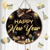 Happy New Year Front Door Sign Black Gold Wreaths New Year Wooden Hanging Welcome Door Hanger Sign Farmhouse Decor for Home Front Porch Decor