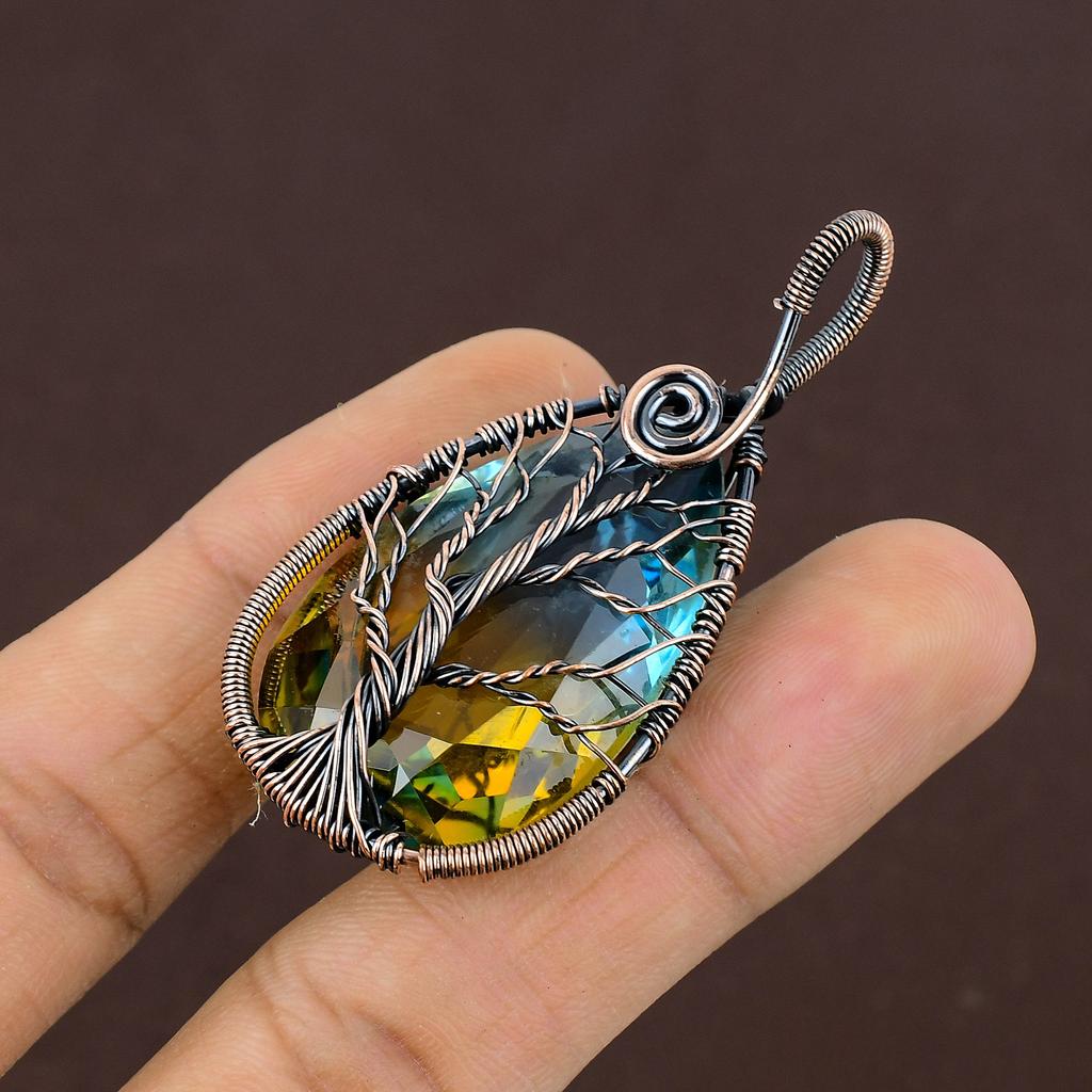 Natural Bi Color Tourmaline Gemstone Copper Wire Wrap Jewely Pendant 2.4" F7L57