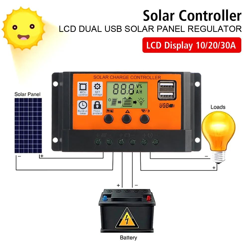 LCD Accessories 10A, 10A 20A 30A 12V 24V Automatic Identification Solar Controller Photovoltaic Regulator Color Screen Timer