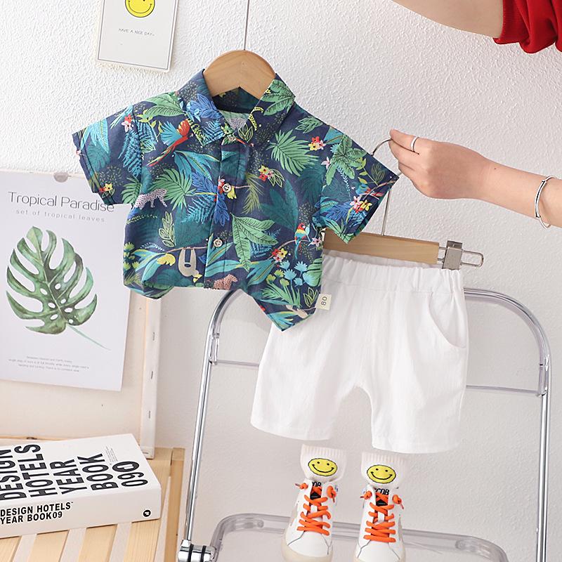 2026 Summer Southeast Asian Resort Boys' Leaf-Print Lapel Shirt & White Shorts Set