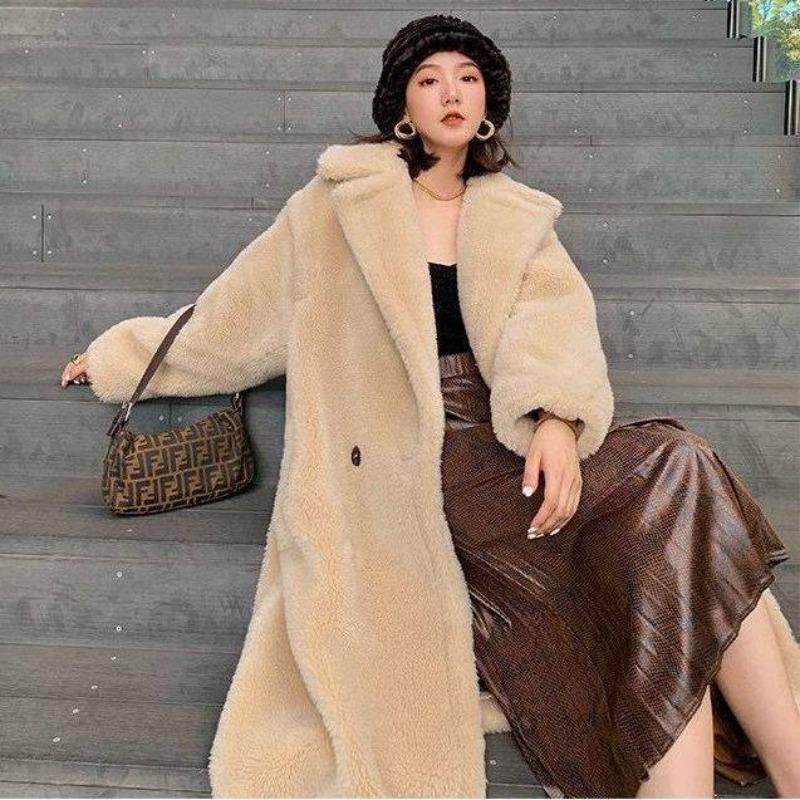 2 New autumn and winter Iceland imitation cashmere long coat teddy bear imitation fur coat women's black peach powder