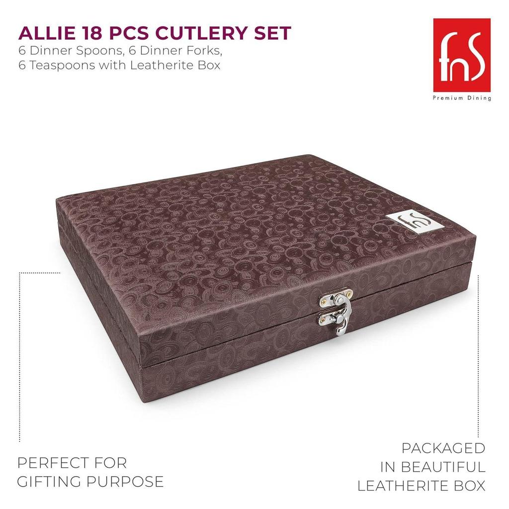 Allie 18dílná sada příborů z nerezové oceli v růžovém zlatě s koženkovou krabičkou (6 lžíce na večeři, 6 vidliček na večeři, 6 čajových lžiček)