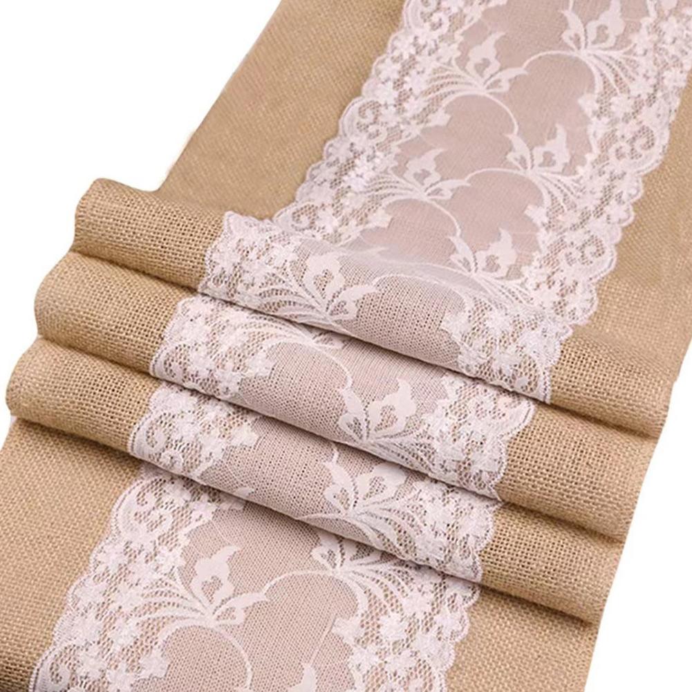 Tavola Runner 30x275cm Lino Misto Juta con Bordino in Pizzo per Ogni Occasione