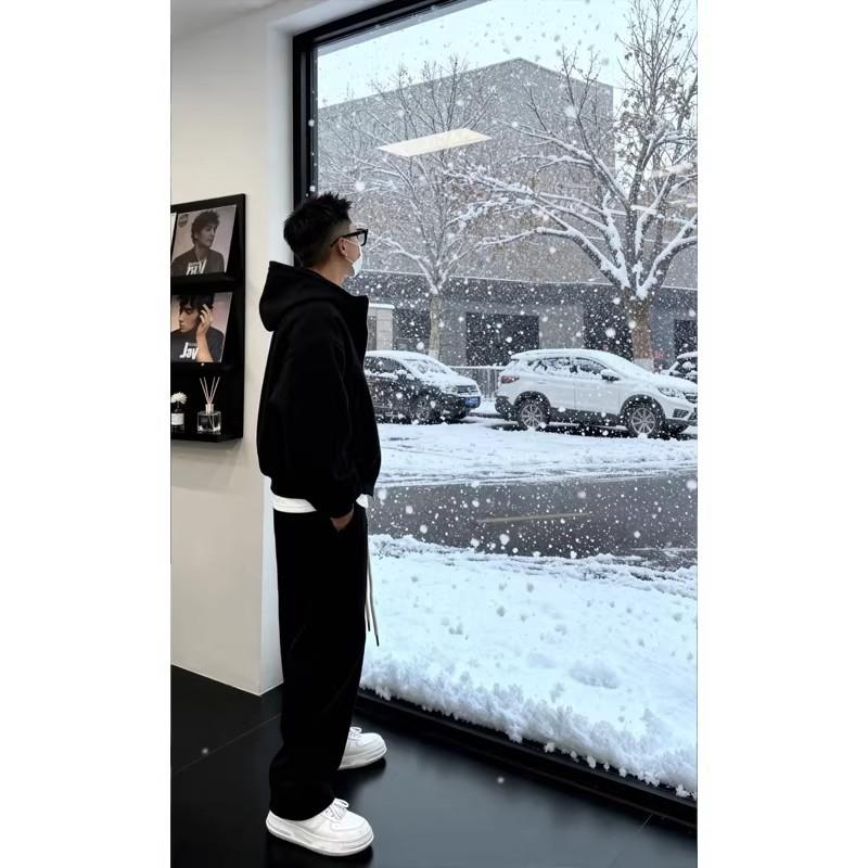 Men's Casual Tracksuit Set Hooded Full Zip Long Sleeve Hoodie Drawstring Waist Pants Solid Color