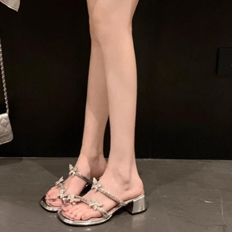 Fashion Women's Fashion Block Heel Slippers Summer New Round Toe Open Toe Sequin Bow Non-Slip Wear-Resistant Knit Shoes