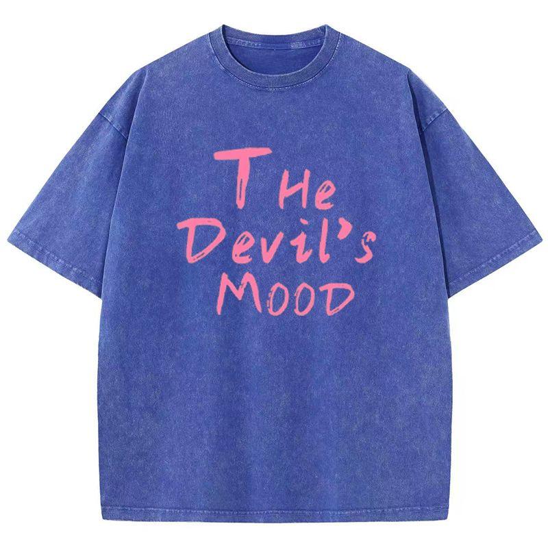 Fashion Womans Cotton Washed T-shirts The Devil's Moon Letter Prints Tops Casual O-Neck Oversize Tees Street Female Clothes