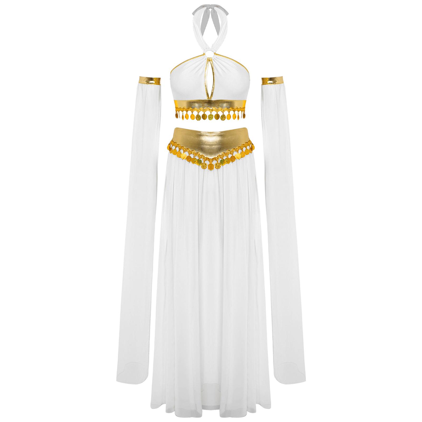 

Жіночий костюм для танцю живота, топ-кроп на зав язках-халтер з вирізом-краплею спереду та паєтками, вбудовані шорти, шифонова спідниця з розрізом S білий