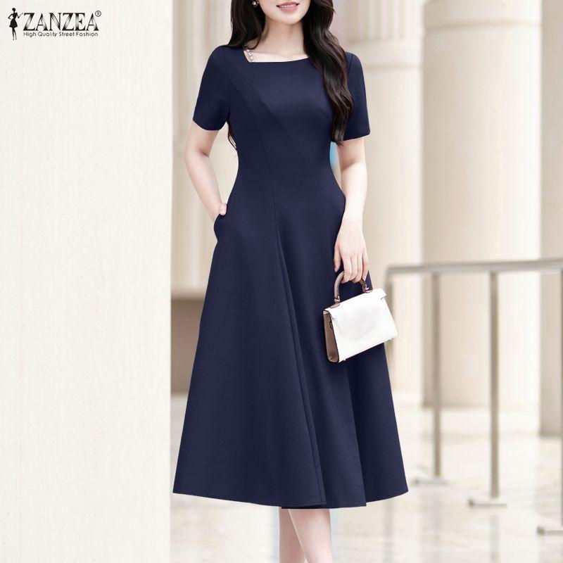 ZANZEA Women Casual Round Neck Solid Color Summer Short Sleeve Dress