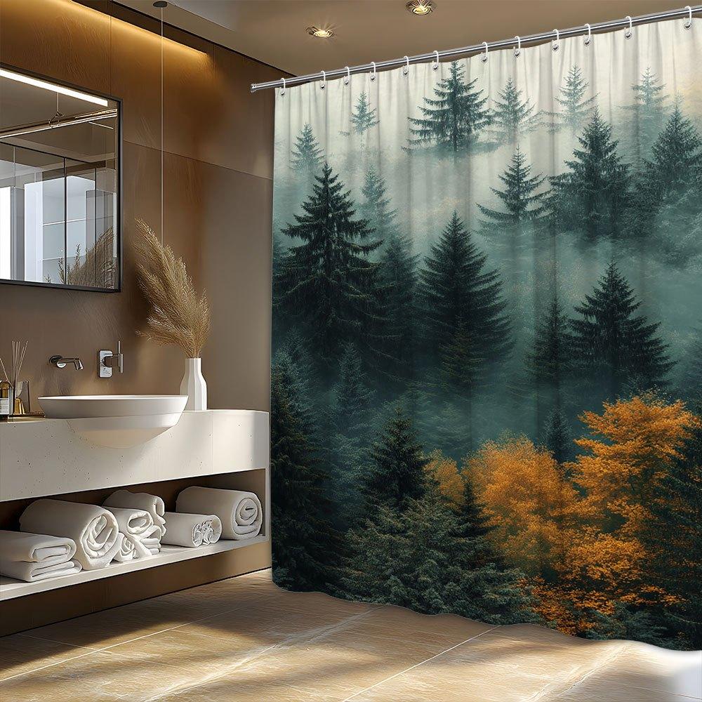Misty Forest Autumn Shower Curtain - Evergreen Trees and Fall Foliage Design, Polyester, Includes 12 Hooks, Machine Washable