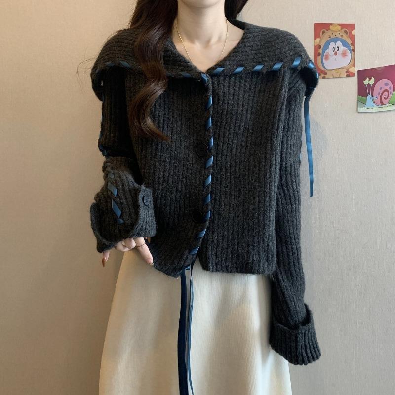 

Autumn and winter new streamer lapel knitted cardigan navy collar soft waxy temperament lazy sweater jacket women One size