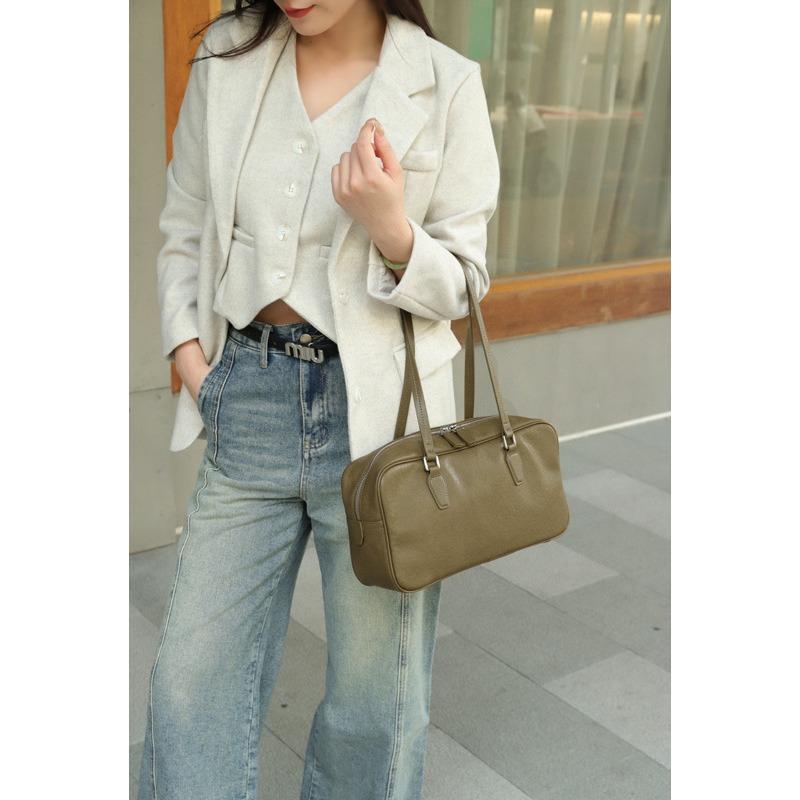 Vintage Underarm Bag Bowling Bag Tote Bag Original Niche Head Layer Cowhide Women's Bag High-grade Leather