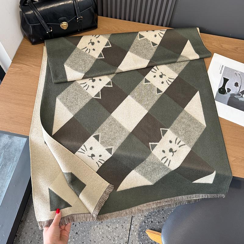 Geometric Square Slash Kitten Decorative Animal Sweet And Cute Xiaoqing Fresh Wind Autumn And Winter Women'S Imitation Cashmere Scarf