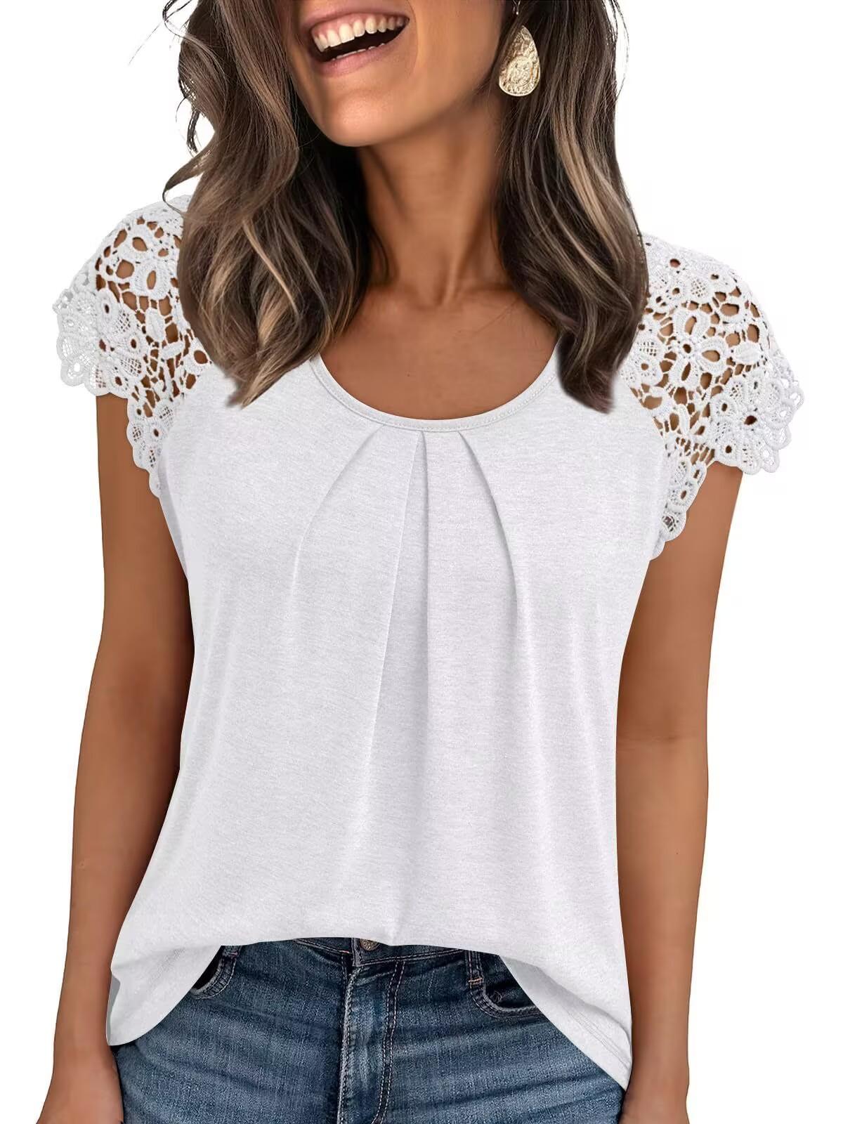 

Women s Lace Hollow Top Pleated Short Sleeve T-Shirt Summer Casual Crew Neck Top S белый