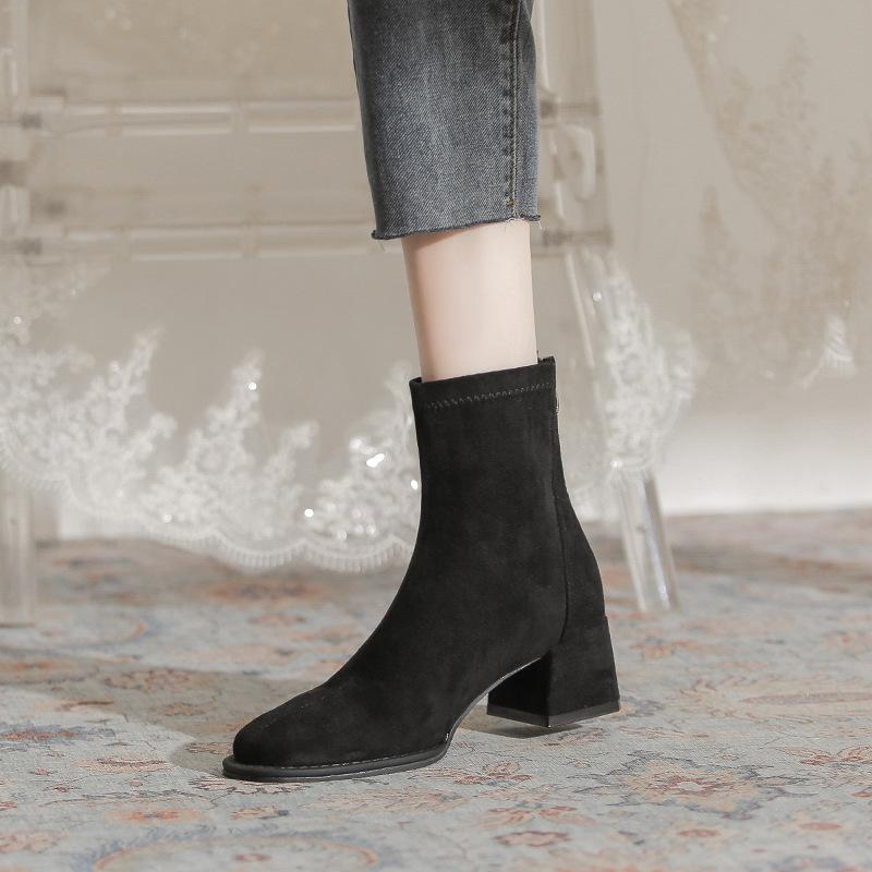 Temperament Suede Thick Heel Short Boots Women's Rear Zipper Autumn and Winter New Comfortable Versatile Square Head Elastic Medium Tube Fashion Boots