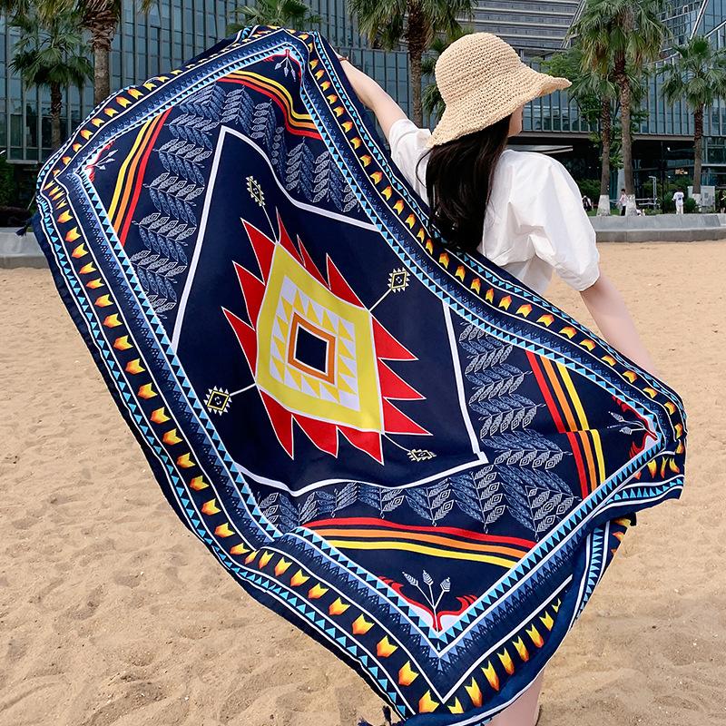 180Cmflower Printed Silk Scarf Ethnic-Style Twill Cotton Scarf Multi-Functional Travel Sun Protection Shawl Women'S Headscarf
