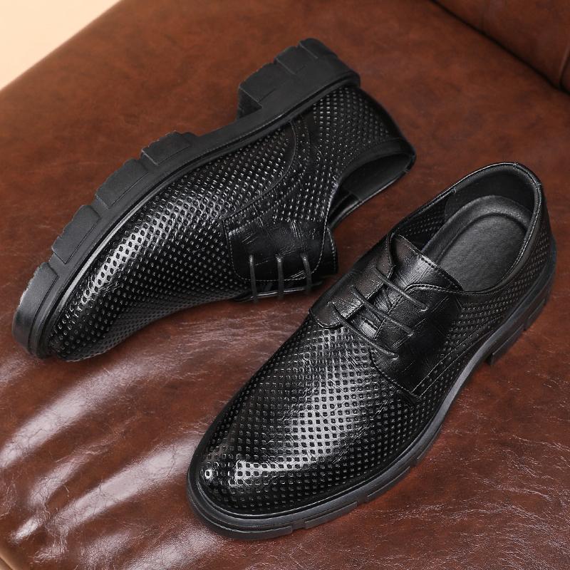 New Men Hollow Summer Platform High Heel 5/8/10 CM Height Growth Formal Men Derby Leather Shoes Man Wedding Dress Shoes Elevator