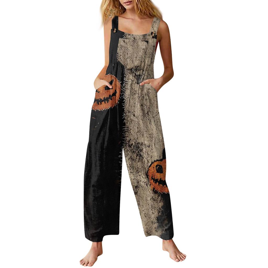 Women's Fashion Halloween Print Casual Vintage Sleeveless Button Jumpsuit