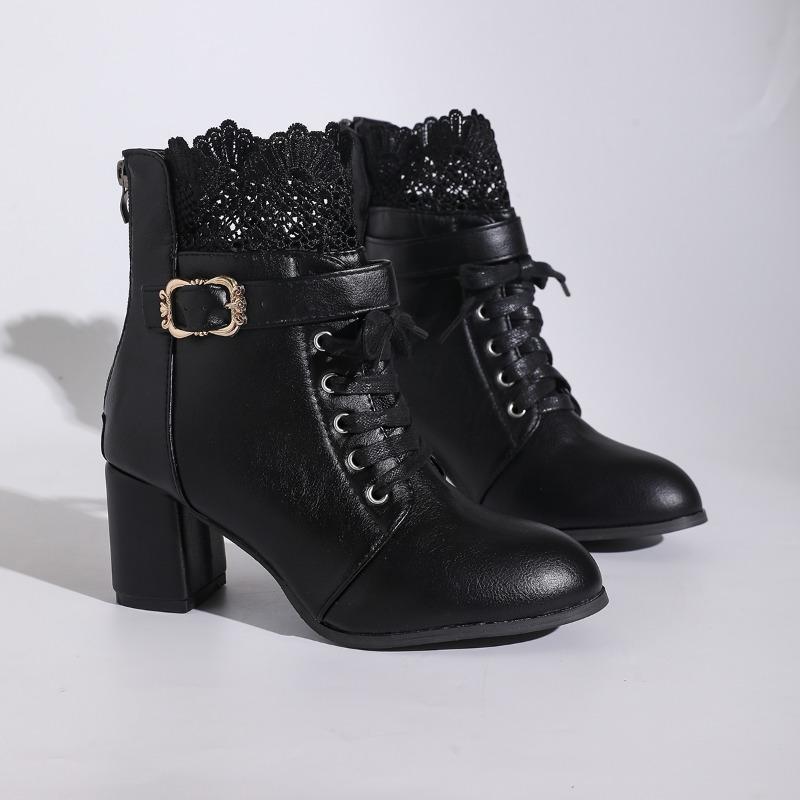 Round Toe Lace Up Side Zip Metal Buckle Soft Sole Pumps Spliced Lace Booties
