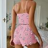 Damen-Pyjama-Set Gerippt Floral Rüschen 2-teilig Nachtwäsche Crop Cami Top und Shorts Weiche Pyjamas Loungewear Set