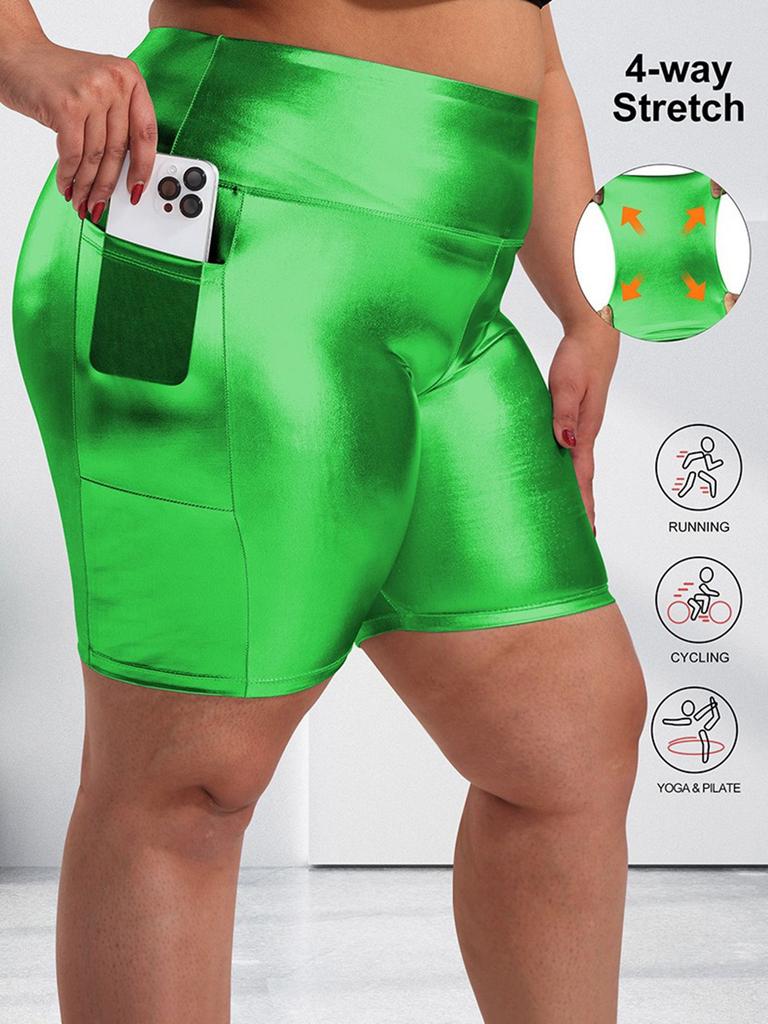 Women Large Size Foil-Stamped Shorts High Waist Shiny Metallic Elastic Shorts with Pocket