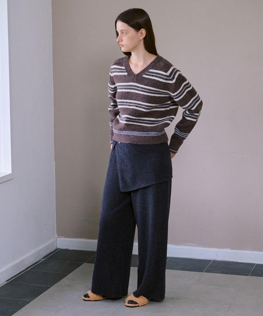 AHWE Alpaca Striped V-Neck Knit_Brown