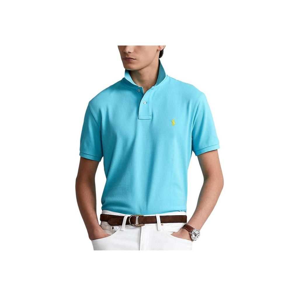 Polo Ralph Lauren Jednobarevné polo tričko s výšivkou poníka, střih slim fit, krátký rukáv, pánské topy, modré 710675974-064