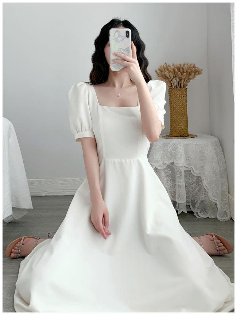 Hepburn Style Puff Sleeve White Dress: Square Collar, Slim Waist, Knee-Length, Summer Temperament