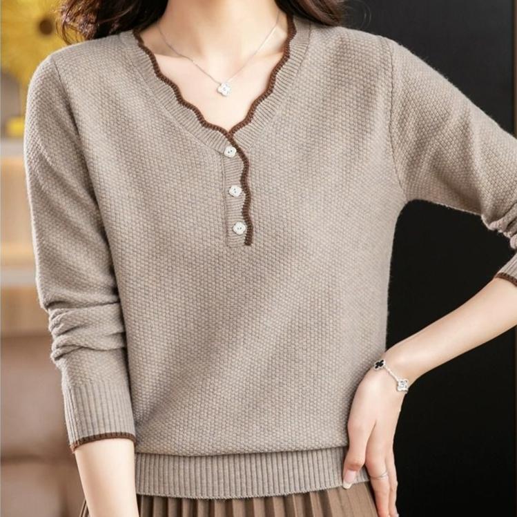 V-neck Sweater Women's Autumn and Winter Casual Long-sleeved Multi-color Base Knitted Sweater Loose Warm Pullover Long-sleeved Top
