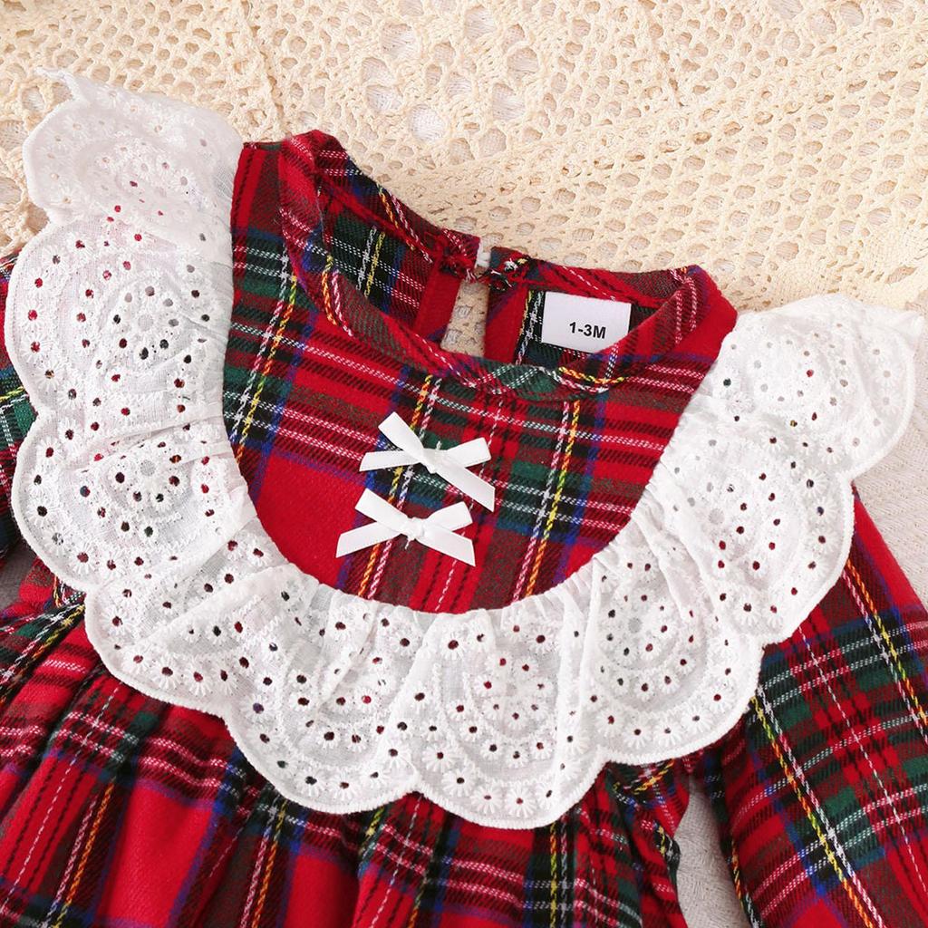 0-18 Mesi Bimba Natale 2 Pezzi Set Vestito a Manica Lunga a Quadri Rossi Fascia con Pizzo e Volant Autunno Abito Principessa Neonato Completo