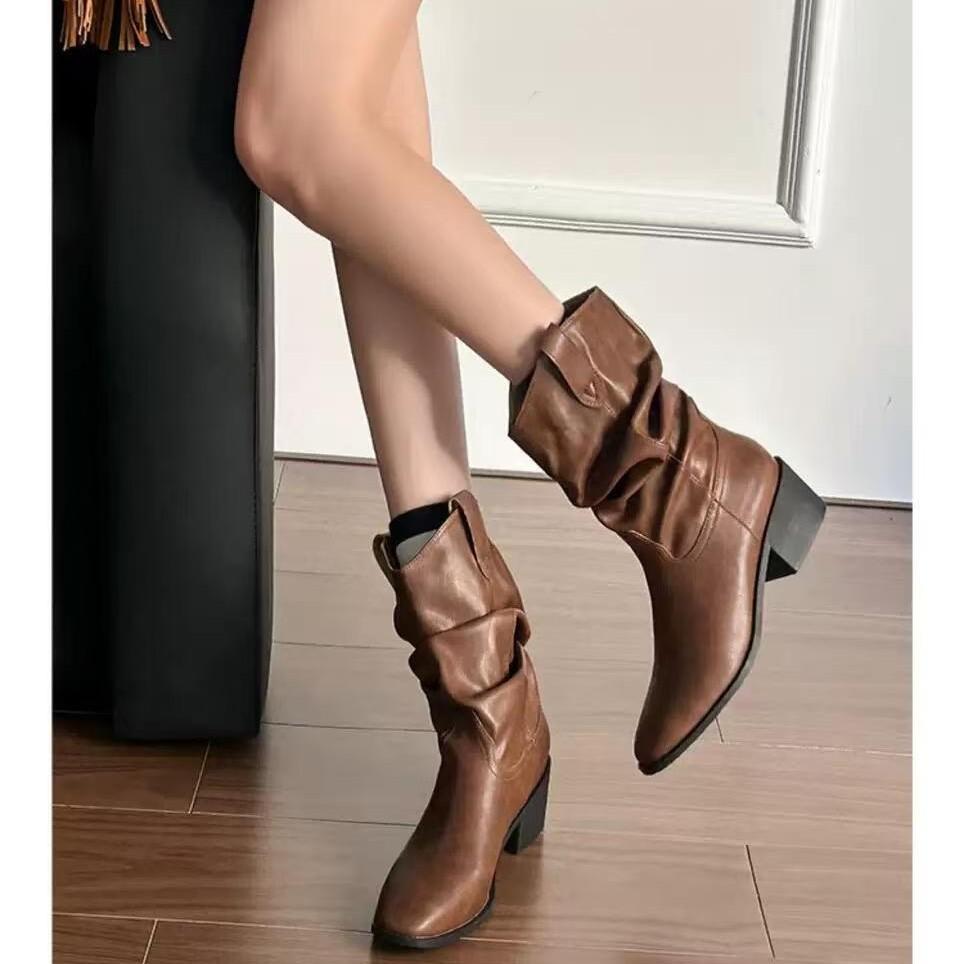 Vintage square head suede western cowboy boots women's 2025 new through pleated pile boots middle heel knight boots short boots