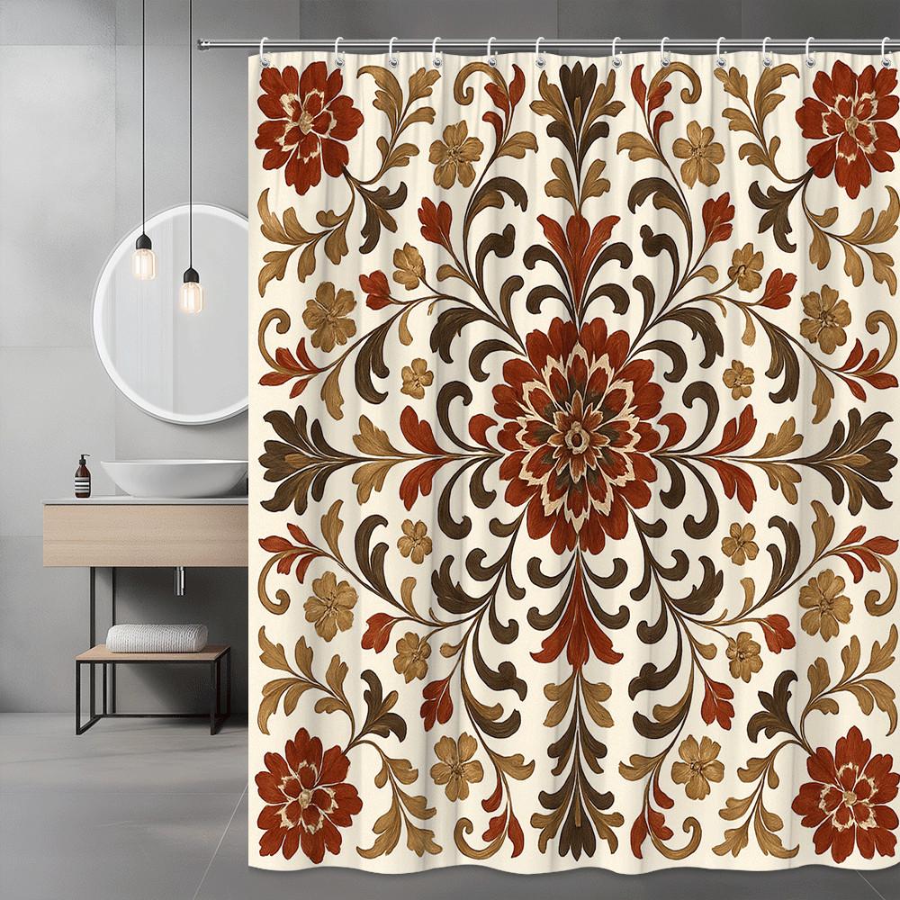 

Elegant Floral Shower Curtain Red Brown Pattern Vintage Damask Design Classic Bathroom Decor Waterproof Free Hooks Included W60H190(CM)-1 Pcs