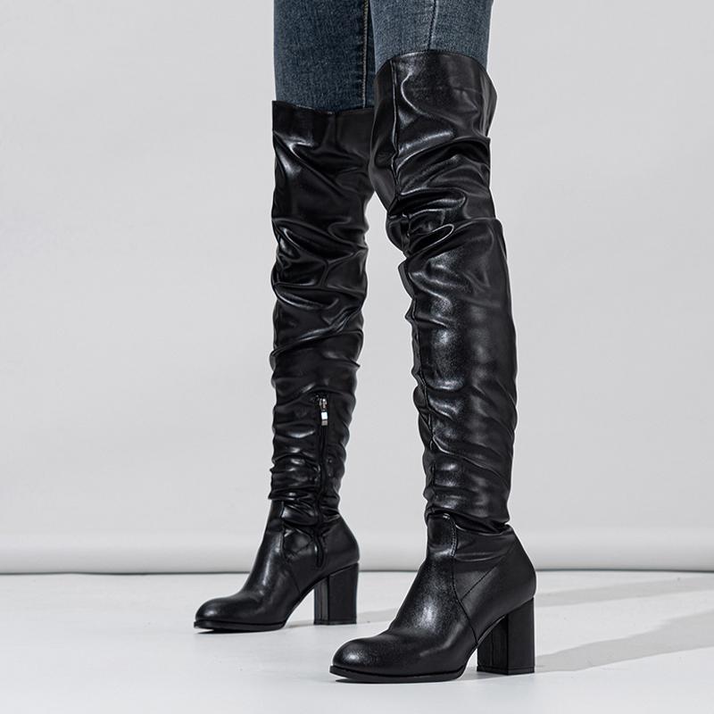 Fashion Liyke High Quality Soft Cozy Pleated Leather Women Over The Knee Boots Fashion Zip Round Toe Chunky Square Heels Motorcycle Shoe