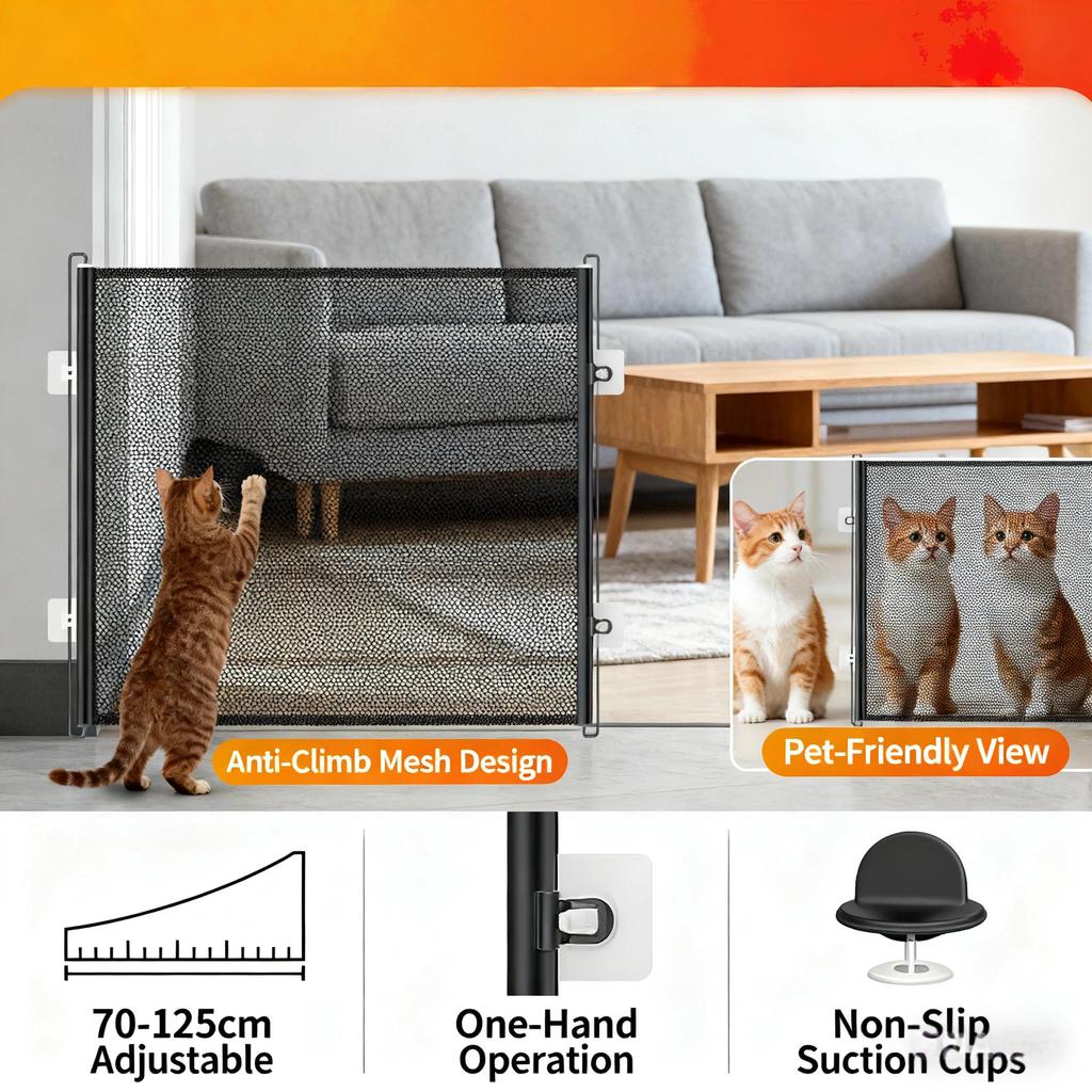 Retractable Cat Gate Anti-Jump Pet Fence - Adjustable Indoor Barrier for Cats with Walk-Through Door